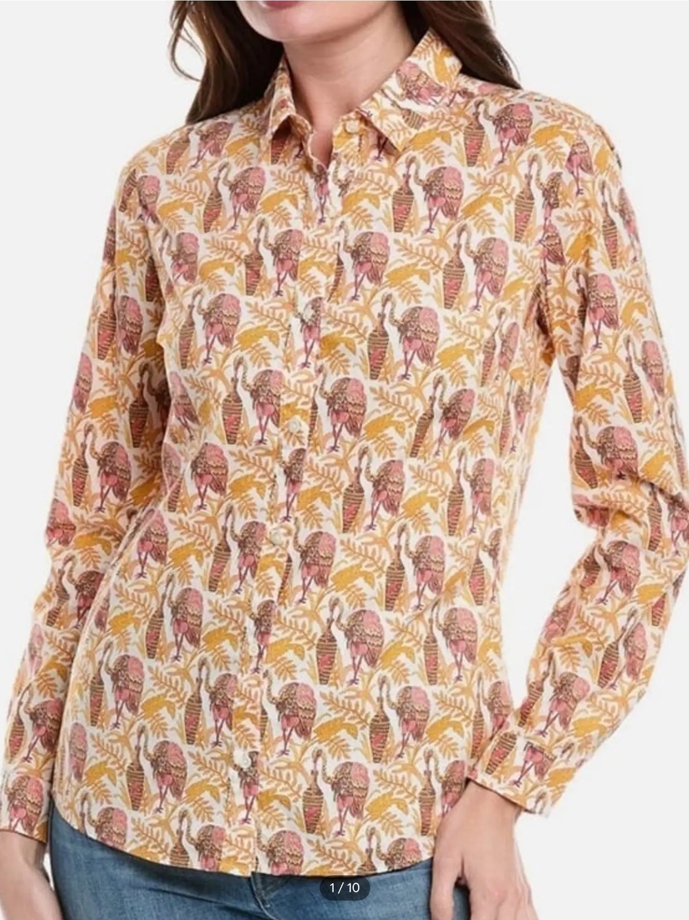 J.McLaughlin Lois Blouse Off White Coral Bird Animal Print Button Down